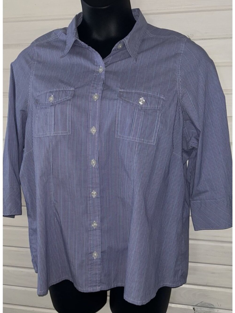Riders Lee Sz PLUS 1X 3/4 Sleeve Blouse Shirt Easy Care Button Front Stretch EUC
